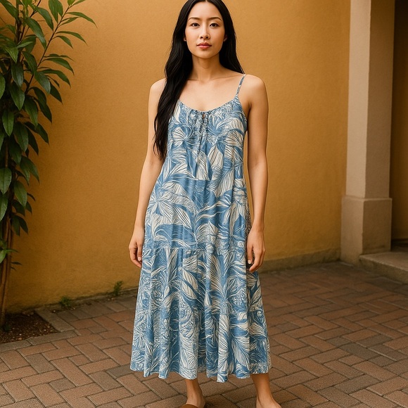 Mahina Tropical Print Slip Tiered Dress With Adjustable Belt and Pockets Size M - Picture 1 of 13